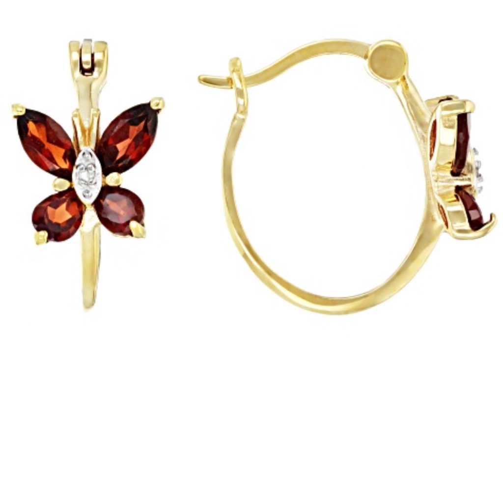 Butterfly Hoop Earrings Red Garnet & Diamond 18k Gold Sterling Silver 925
